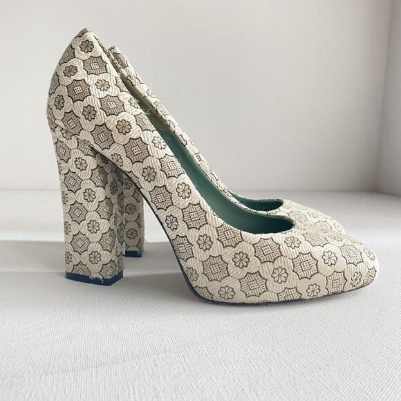 Paola Arcano Silver Nude Geometric Print Fabric Over Leather Block Heel Heels 41 - Picture 1 of 8